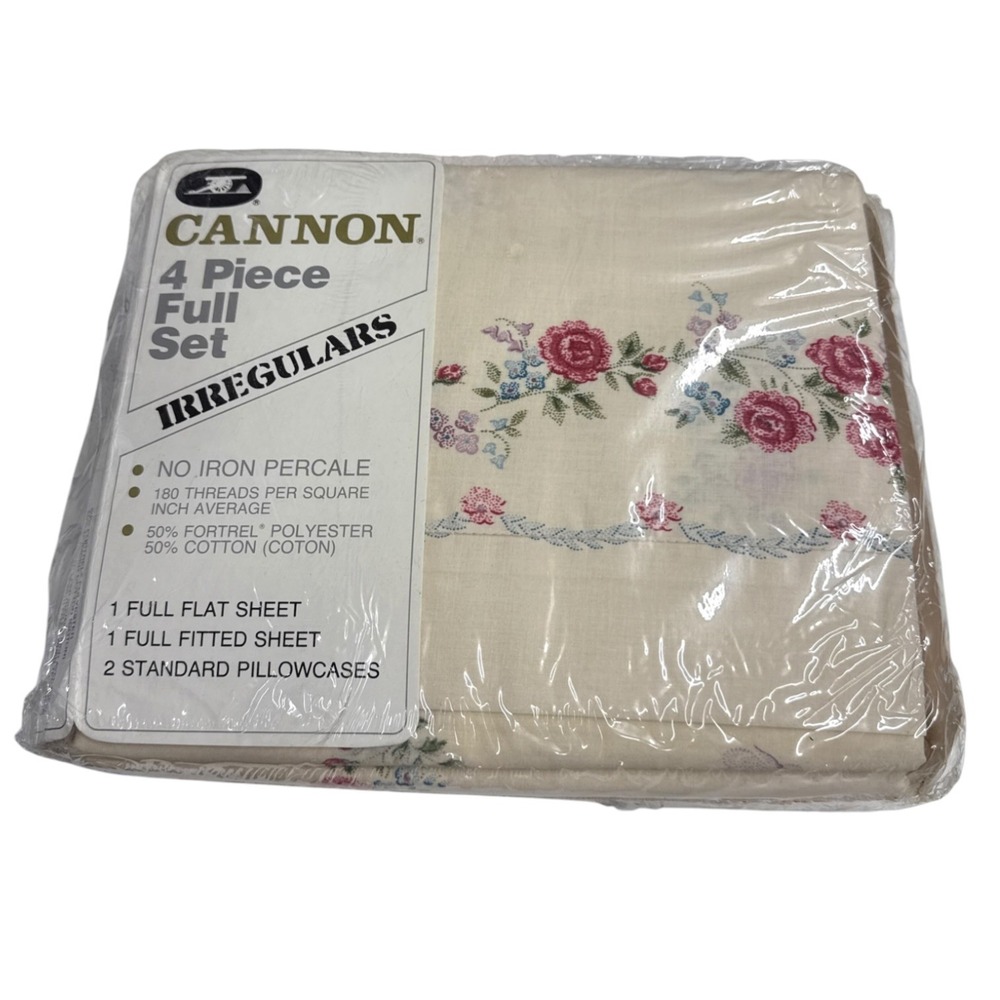 New Cannon Sheet Set Full Cream Floral Rose 4pc Percale Vintage Irregular USA